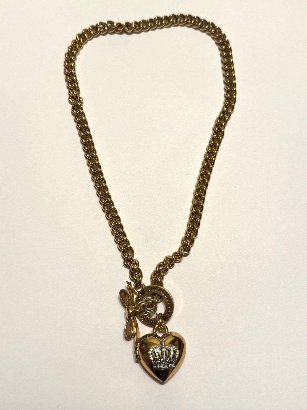 Vintage Juicy Couture Gold Heart Locket Necklace Crown Bow Toggle Y2K
